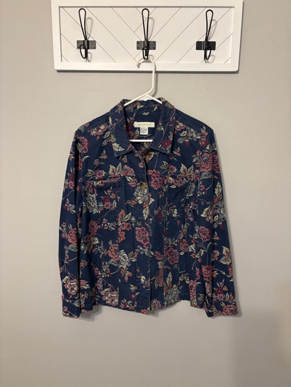 Appleseed Floral Button-Up Denim Jacket - Navy with Pink & Green Blooms